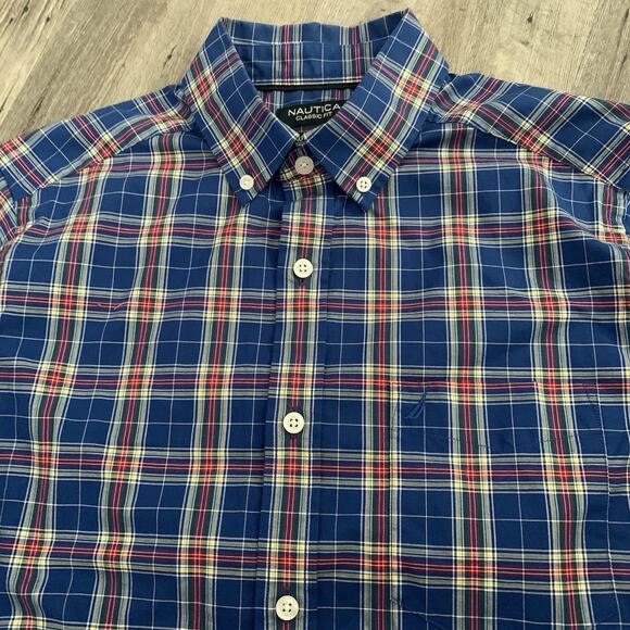 Nautica Flex Classic Fit Shirt Mens Sz Small Navy Blue Plaid Button Up Stretch - Picture 3 of 7
